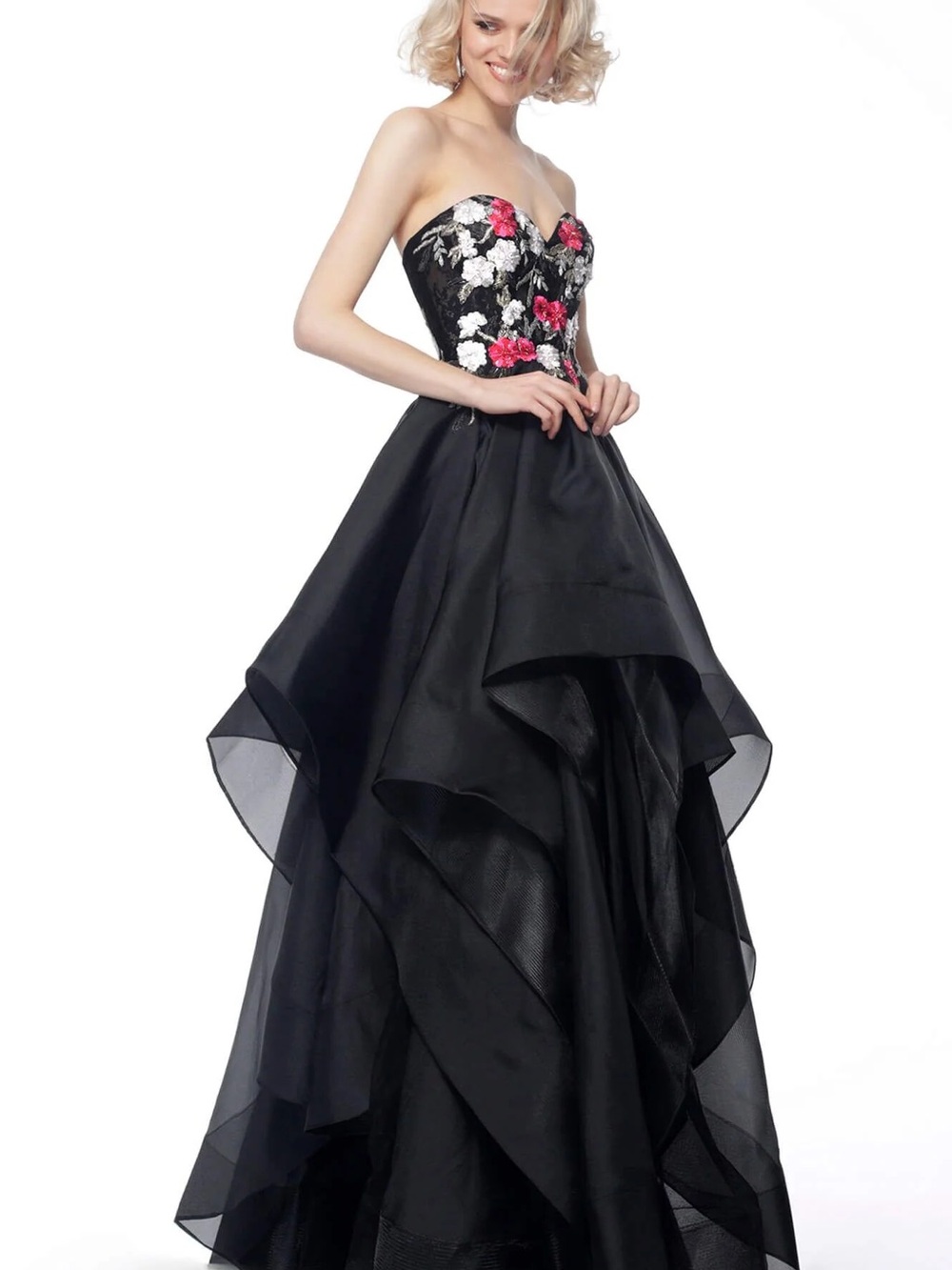 Jovani 67206 Black Strapless Gown with Pink & White Floral Bodice